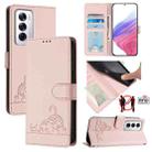 For OPPO Reno12 Global Cat Rat Embossed Pattern RFID Leather Phone Case with Lanyard(Pink) - 1