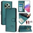 For OPPO Reno12 F Global Cat Rat Embossed Pattern RFID Leather Phone Case with Lanyard(Peacock Green) - 1