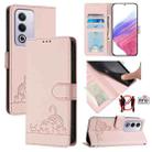 For OPPO A3 Pro 5G Global Cat Rat Embossed Pattern RFID Leather Phone Case with Lanyard(Pink) - 1