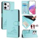 For OPPO Reno14 Pro 5G Global Cat Rat Embossed Pattern RFID Leather Phone Case with Lanyard(Mint Green) - 1