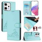 For OPPO Reno14 5G Global Cat Rat Embossed Pattern RFID Leather Phone Case with Lanyard(Mint Green) - 1