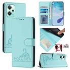 For Realme 9 Pro 5G Global Cat Rat Embossed Pattern RFID Leather Phone Case with Lanyard(Mint Green) - 1