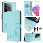 For Realme GT 6 5G Global Cat Rat Embossed Pattern RFID Leather Phone Case with Lanyard(Mint Green) - 1