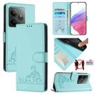 For Realme GT 6T 5G Global Cat Rat Embossed Pattern RFID Leather Phone Case with Lanyard(Mint Green) - 1