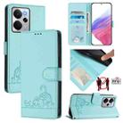 For Realme 14 5G Global / P3 5G India Cat Rat Embossed Pattern RFID Leather Phone Case with Lanyard(Mint Green) - 1