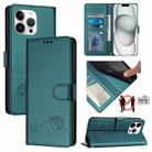 For iPhone 15 Pro Max Cat Rat Embossed Pattern RFID Leather Phone Case with Lanyard(Peacock Green) - 1