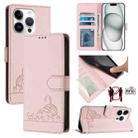 For iPhone 15 Pro Cat Rat Embossed Pattern RFID Leather Phone Case with Lanyard(Pink) - 1