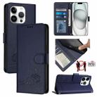 For iPhone 15 Pro Cat Rat Embossed Pattern RFID Leather Phone Case with Lanyard(Blue) - 1
