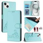 For iPhone 15 Plus Cat Rat Embossed Pattern RFID Leather Phone Case with Lanyard(Mint Green) - 1