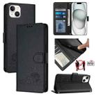 For iPhone 15 Plus Cat Rat Embossed Pattern RFID Leather Phone Case with Lanyard(Black) - 1
