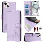 For iPhone 15 Plus Cat Rat Embossed Pattern RFID Leather Phone Case with Lanyard(Purple) - 1
