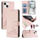 For iPhone 15 Cat Rat Embossed Pattern RFID Leather Phone Case with Lanyard(Pink) - 1