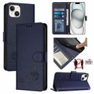 For iPhone 14 Plus Cat Rat Embossed Pattern RFID Leather Phone Case with Lanyard(Blue) - 1