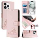 For iPhone 13 Pro Cat Rat Embossed Pattern RFID Leather Phone Case with Lanyard(Pink) - 1