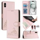 For iPhone XS / X Cat Rat Embossed Pattern RFID Leather Phone Case with Lanyard(Pink) - 1