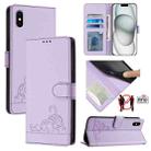 For iPhone XS / X Cat Rat Embossed Pattern RFID Leather Phone Case with Lanyard(Purple) - 1
