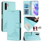 For Huawei P30 Pro Cat Rat Embossed Pattern RFID Leather Phone Case with Lanyard(Mint Green) - 1
