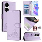 For Huawei P50 Cat Rat Embossed Pattern RFID Leather Phone Case with Lanyard(Purple) - 1