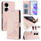 For Huawei P50 Pro Cat Rat Embossed Pattern RFID Leather Phone Case with Lanyard(Pink) - 1