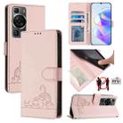 For Huawei P60/P60 Pro Cat Rat Embossed Pattern RFID Leather Phone Case with Lanyard(Pink) - 1