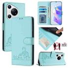 For Huawei Pura 70 Cat Rat Embossed Pattern RFID Leather Phone Case with Lanyard(Mint Green) - 1