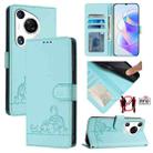 For Huawei Pura 70 Pro Cat Rat Embossed Pattern RFID Leather Phone Case with Lanyard(Mint Green) - 1