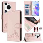 For Huawei Pura 70 Pro Cat Rat Embossed Pattern RFID Leather Phone Case with Lanyard(Pink) - 1