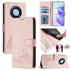 For Huawei nova Y90 Cat Rat Embossed Pattern RFID Leather Phone Case with Lanyard(Pink) - 1