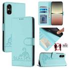 For Sony 5 V 2023 Cat Rat Embossed Pattern RFID Leather Phone Case with Lanyard(Mint Green) - 1