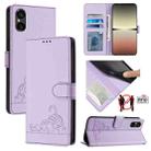 For Sony 5 V 2023 Cat Rat Embossed Pattern RFID Leather Phone Case with Lanyard(Purple) - 1