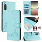 For Sony Xperia 10 V 2023 Cat Rat Embossed Pattern RFID Leather Phone Case with Lanyard(Mint Green) - 1