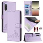 For Sony 10 V 2023 Cat Rat Embossed Pattern RFID Leather Phone Case with Lanyard(Purple) - 1