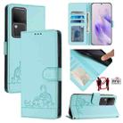 For vivo V30 Pro 5G Global Cat Rat Embossed Pattern RFID Leather Phone Case with Lanyard(Mint Green) - 1
