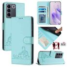 For vivo V27 5G Global Cat Rat Embossed Pattern RFID Leather Phone Case with Lanyard(Mint Green) - 1