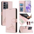 For vivo V27 Pro 5G Global Cat Rat Embossed Pattern RFID Leather Phone Case with Lanyard(Pink) - 1