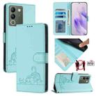 For vivo V29E 5G Global Cat Rat Embossed Pattern RFID Leather Phone Case with Lanyard(Mint Green) - 1