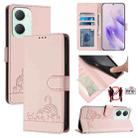 For vivo Y03 4G Global Cat Rat Embossed Pattern RFID Leather Phone Case with Lanyard(Pink) - 1