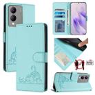 For vivo Y17S 4G Global Cat Rat Embossed Pattern RFID Leather Phone Case with Lanyard(Mint Green) - 1