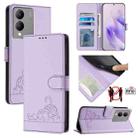 For vivo Y17S 4G Global Cat Rat Embossed Pattern RFID Leather Phone Case with Lanyard(Purple) - 1