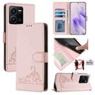 For vivo Y35 4G Global Cat Rat Embossed Pattern RFID Leather Phone Case with Lanyard(Pink) - 1