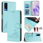 For vivo Y51 2020 India Cat Rat Embossed Pattern RFID Leather Phone Case with Lanyard(Mint Green) - 1