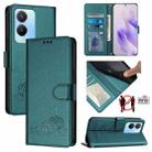 For vivo Y56 5G Global Cat Rat Embossed Pattern RFID Leather Phone Case with Lanyard(Peacock Green) - 1