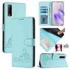 For vivo Y70S Cat Rat Embossed Pattern RFID Leather Phone Case with Lanyard(Mint Green) - 1