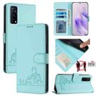 For vivo Y72 5G / iQOO Z3 / Y52 5G Cat Rat Embossed Pattern RFID Leather Phone Case with Lanyard(Mint Green) - 1