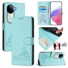 For vivo V40e 5G India Cat Rat Embossed Pattern RFID Leather Phone Case with Lanyard(Mint Green) - 1