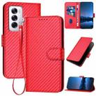 For OPPO Reno12 Global YX0070 Carbon Fiber Buckle Leather Phone Case with Lanyard(Red) - 1