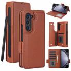 For Samsung Galaxy Z Fold5 Solid Color Multifunctional Folding Leather Phone Case with Pen Slot(Brown) - 1