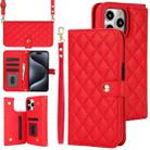 For iPhone 15 Pro Max Crossbody Multifunction Rhombic Leather Phone Case(Red) - 1