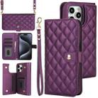 For iPhone 15 Pro Max Crossbody Multifunction Rhombic Leather Phone Case(Dark Purple) - 1