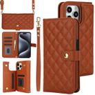 For iPhone 15 Pro Max Crossbody Multifunction Rhombic Leather Phone Case(Brown) - 1